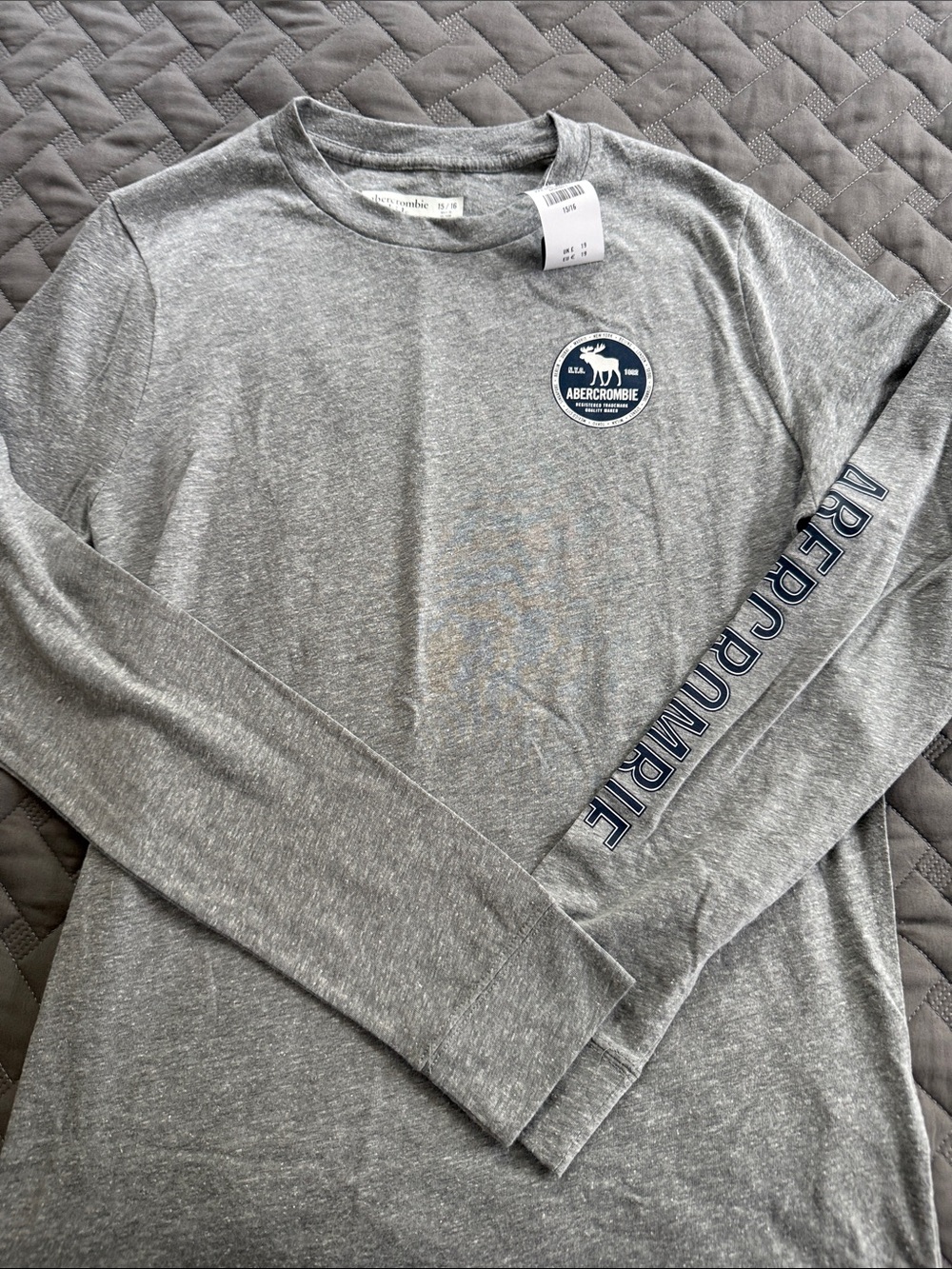 Abercrombie & Fitch Men’s Long-Sleeve Crew Tee - Heather Gray with Navy Logo